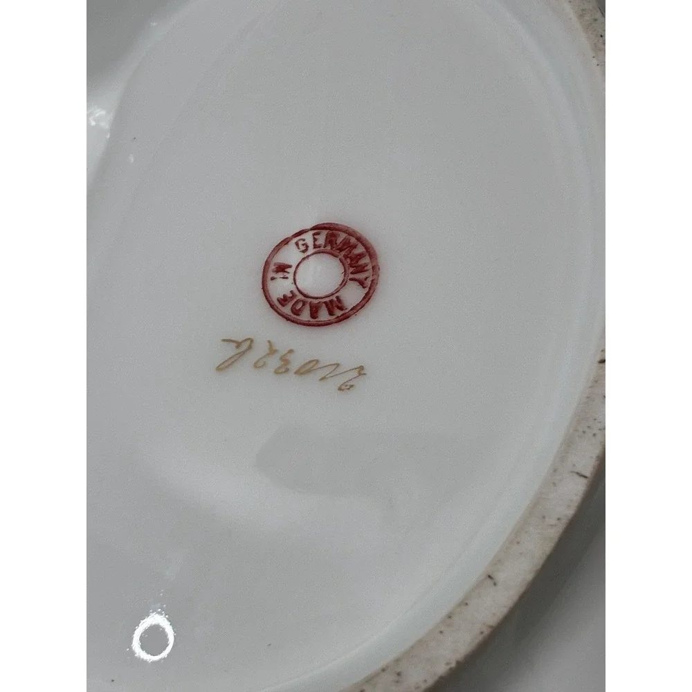 Antique KPM Germany Porcelain Pink Floral Divided Serving Dish Center Handle